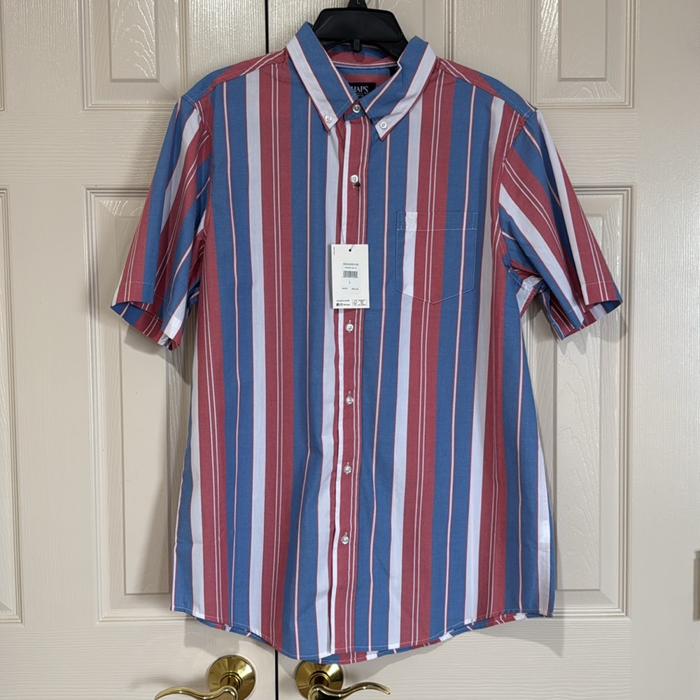 Chaps Men’s Shirt Large Striped Button Up Short Sleeve Pocket Collared Top-NWT